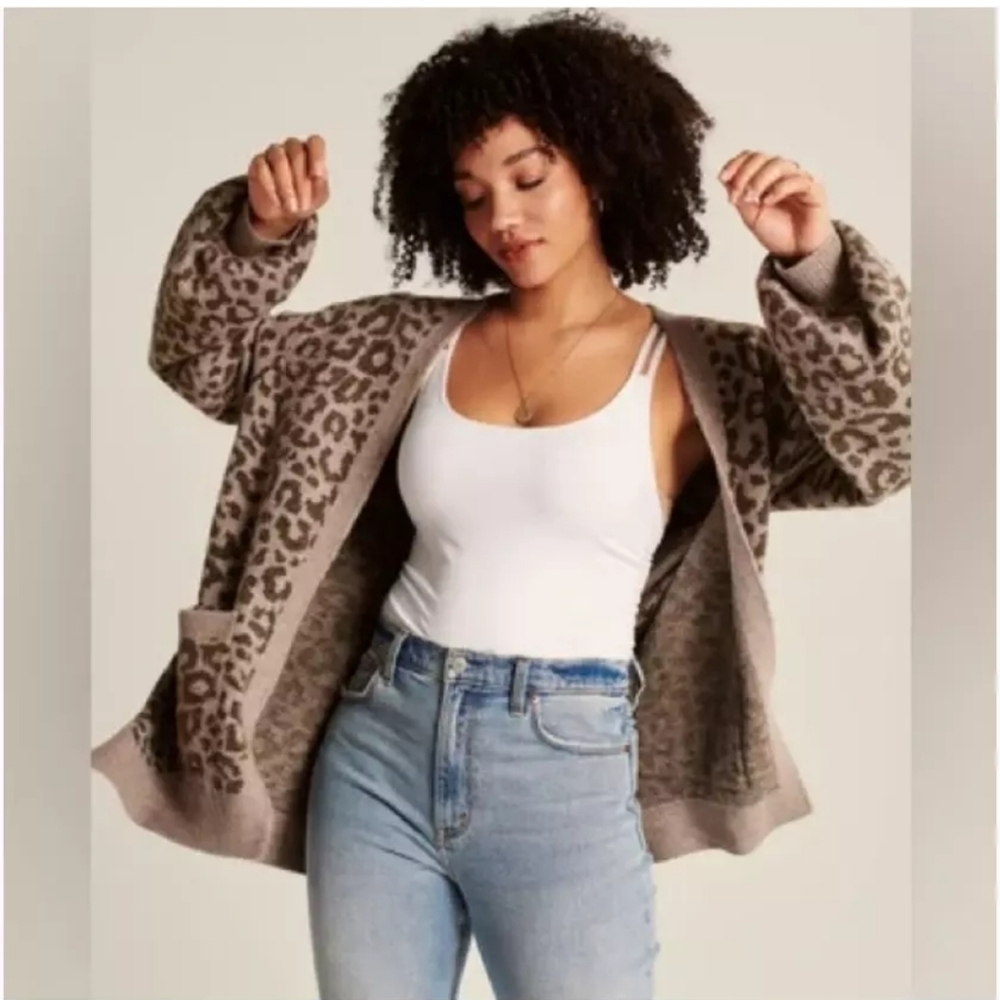 Abercrombie & Fitch Womens Taupe Leopard Open Front Cardigan Sweater-Size XS